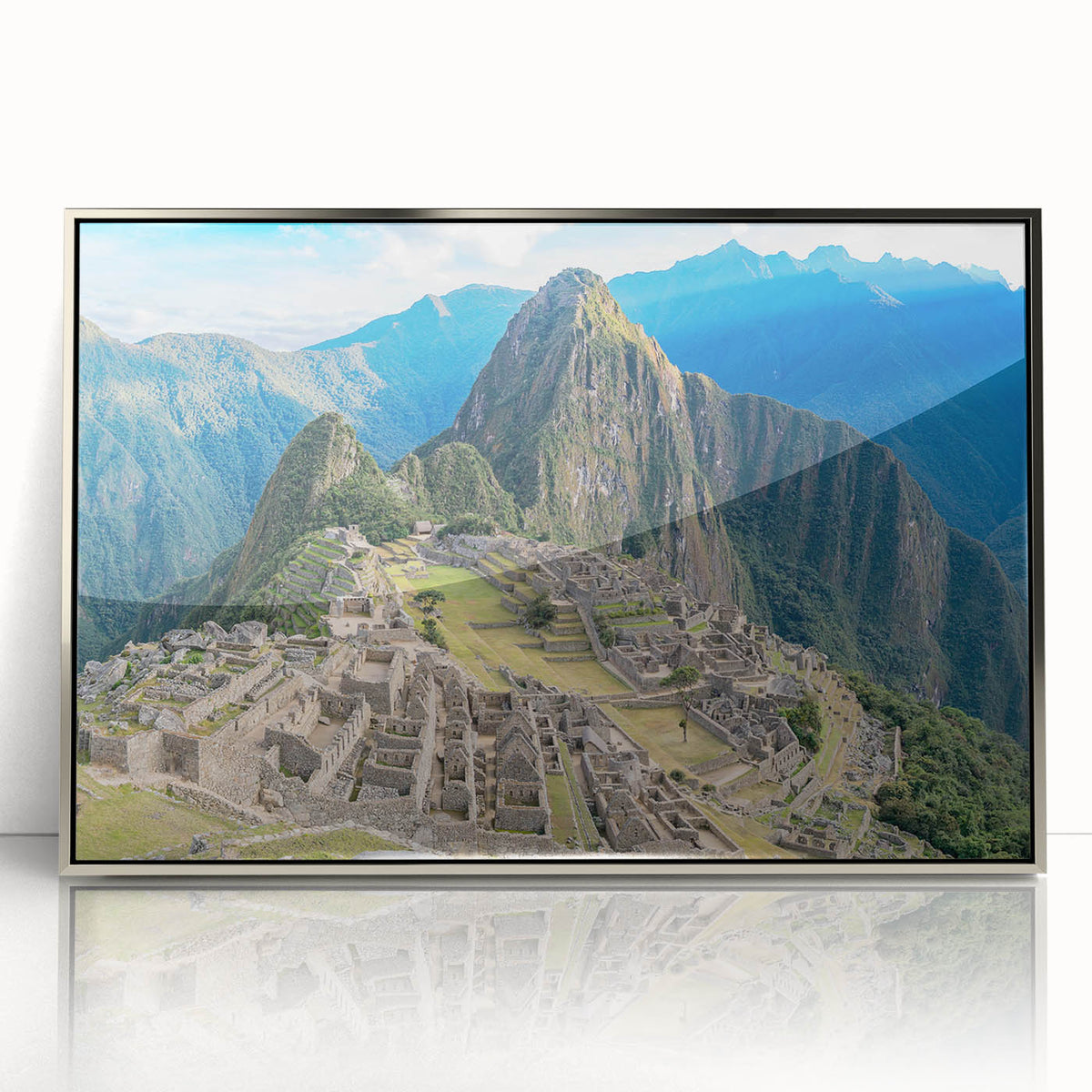Mid-century modernist art of Machu Picchu in muted earth tones on a framed acrylic, suitable for modern art wall decor.