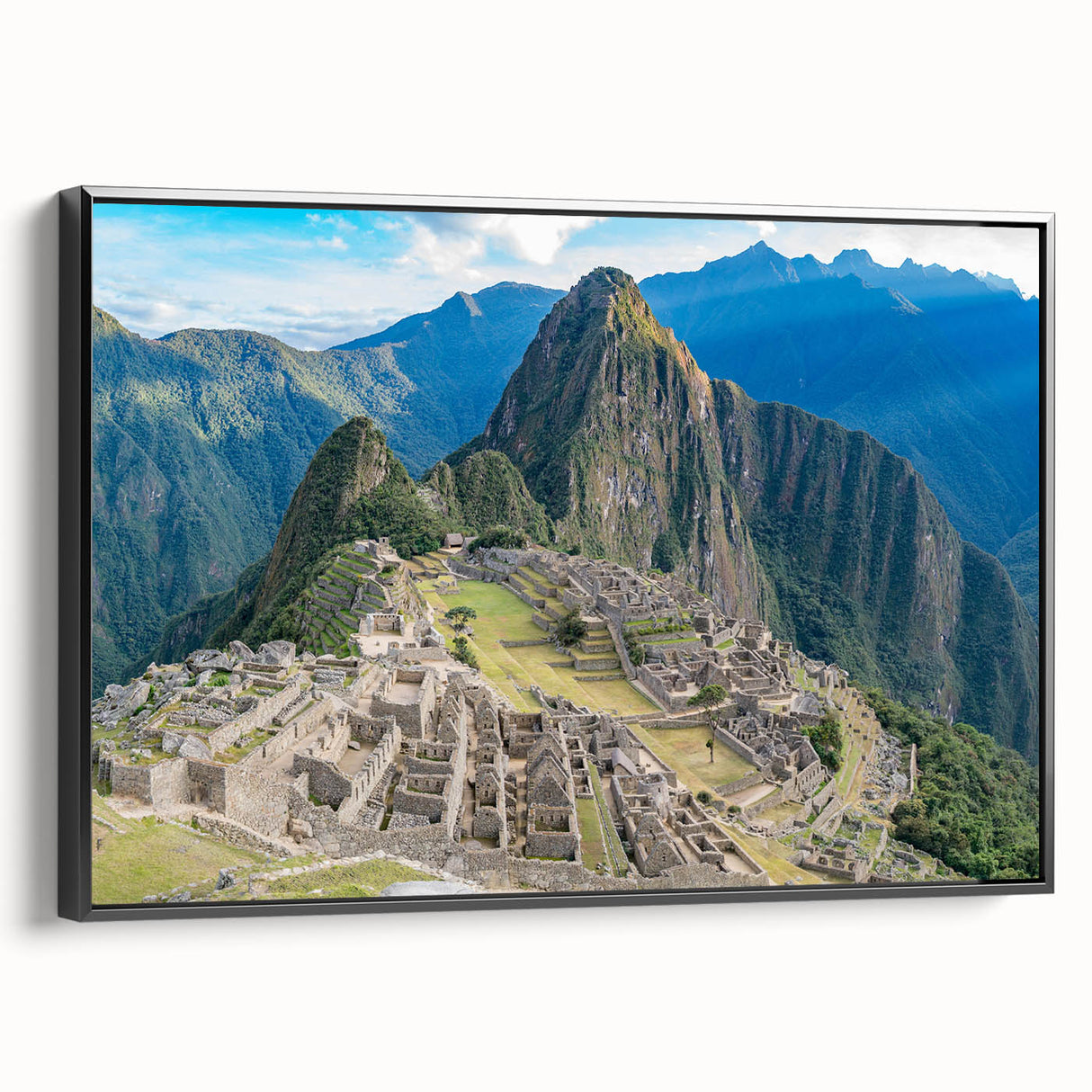 Black and white framed canvas of Machu Picchu landscape, ideal for bedroom wall art.