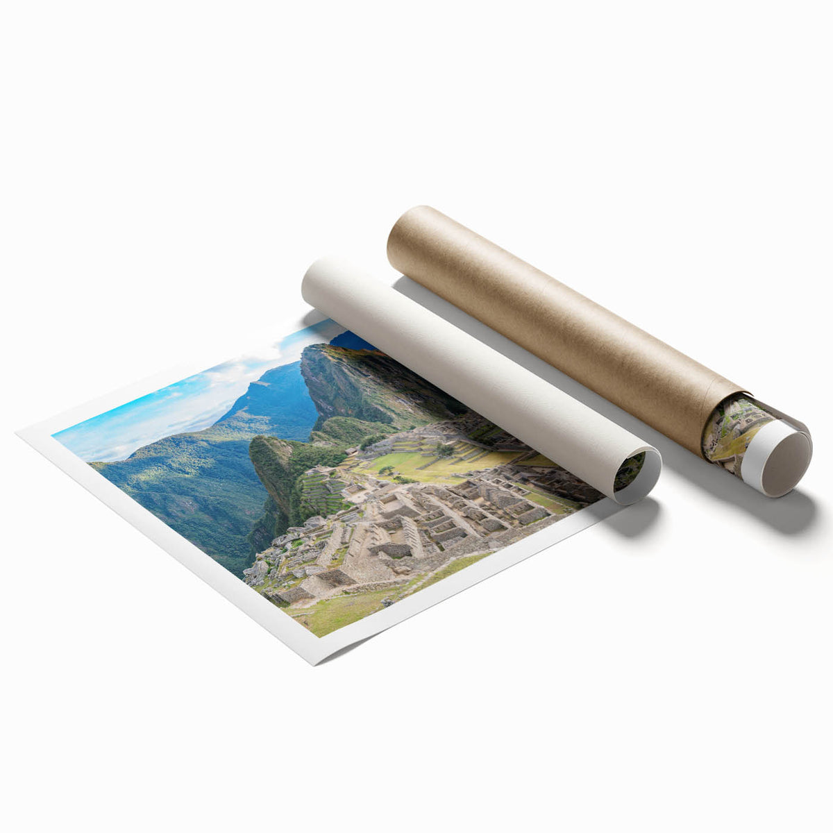 Extra large rolled print of Machu Picchu in muted earth tones, suitable for classy bathroom or large living room decor.