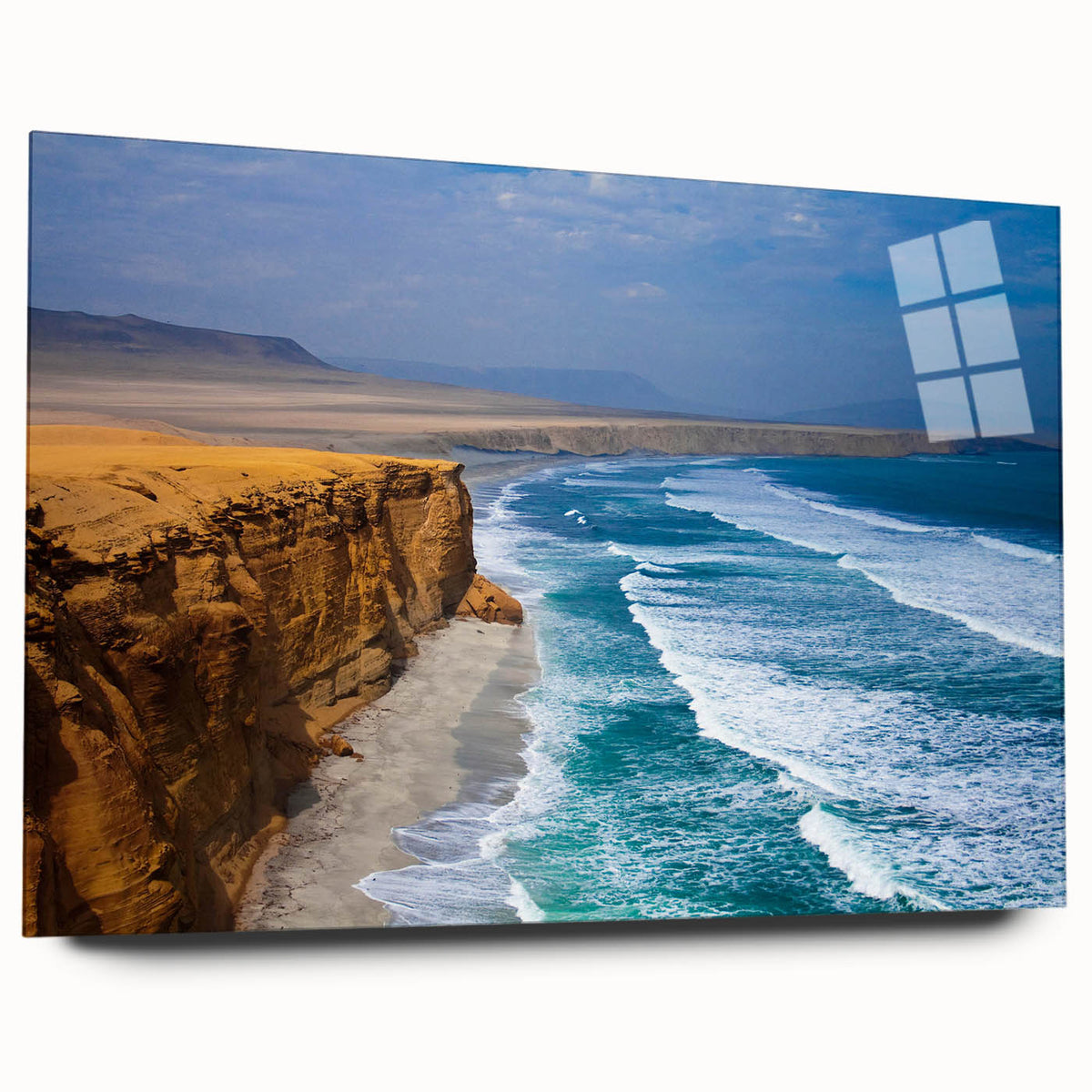 Large abstract wall art of a Peruvian landscape in muted earth tones on acrylic glass.