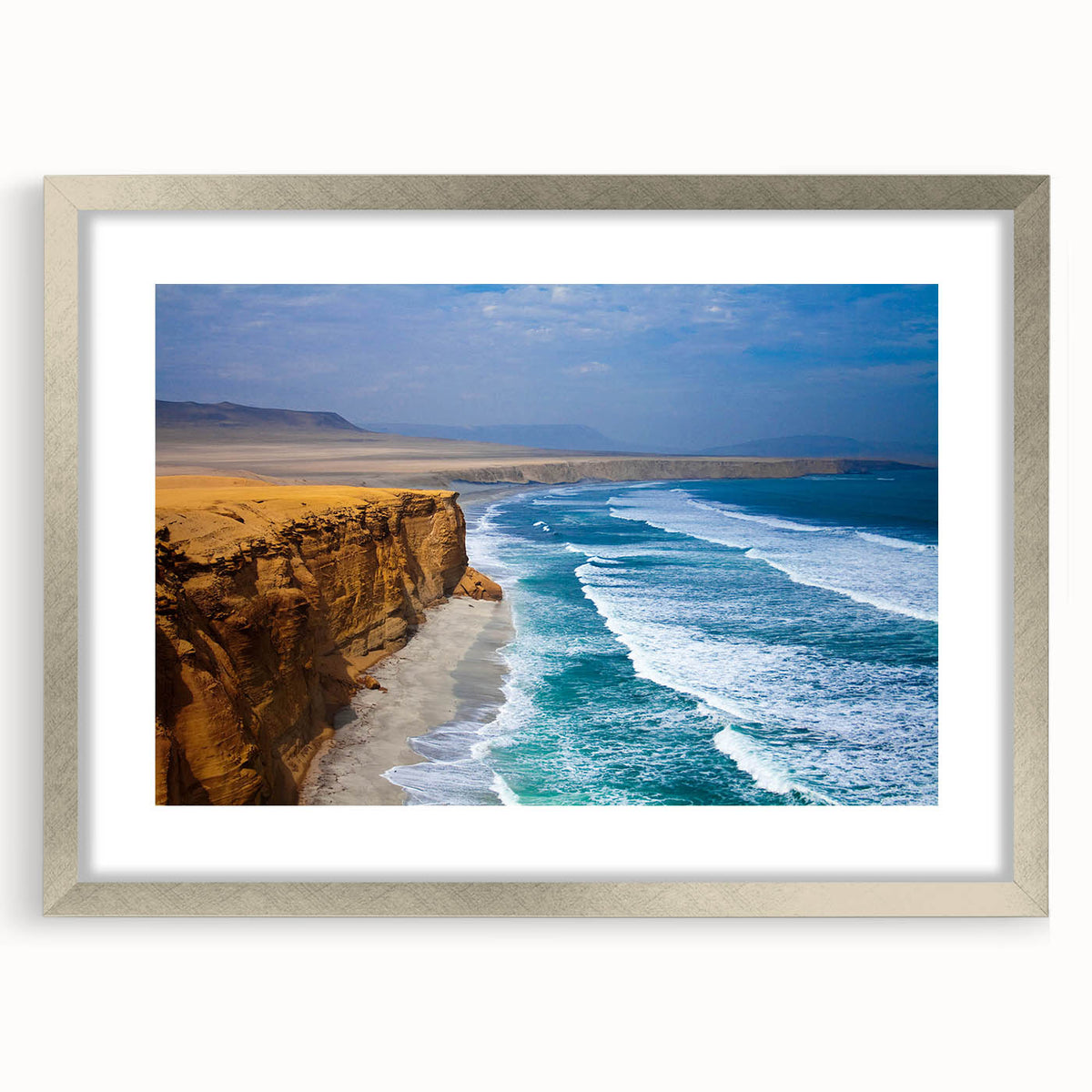 Textured art depicting an abstract scenery of a mountain in Peru, rendered in muted earth tones on a framed silver mat.