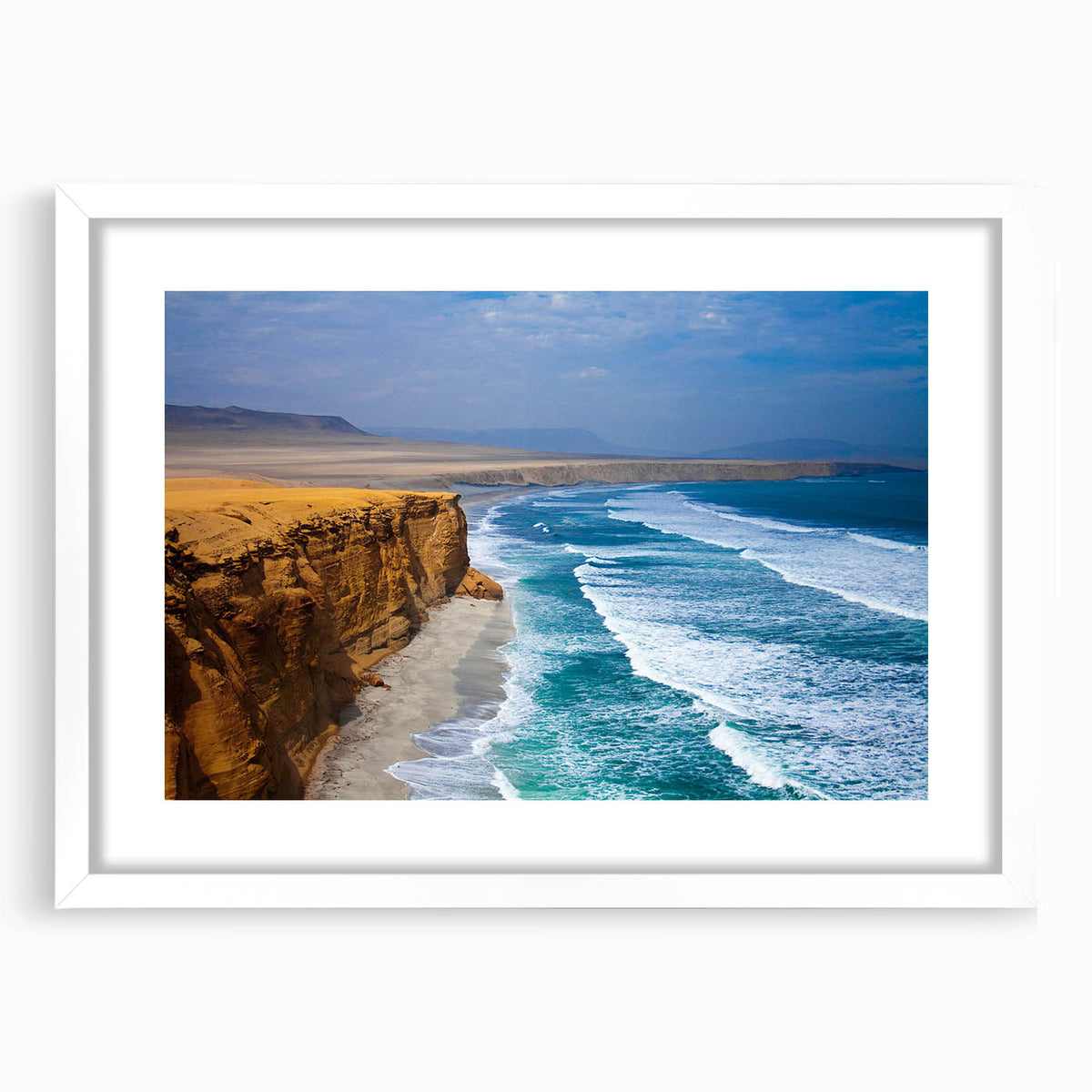 Abstract art print of a Peruvian landscape in muted earth tones on a framed white mat, suitable for dining room decor.