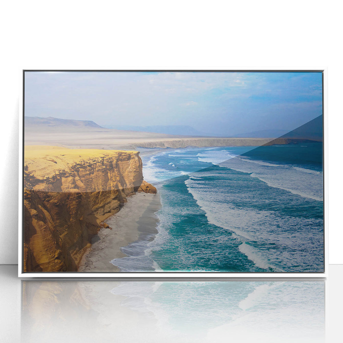 Art deco poster of a South American scenery in Peru, framed in white acrylic, ideal for modern art wall decor in a nursery.
