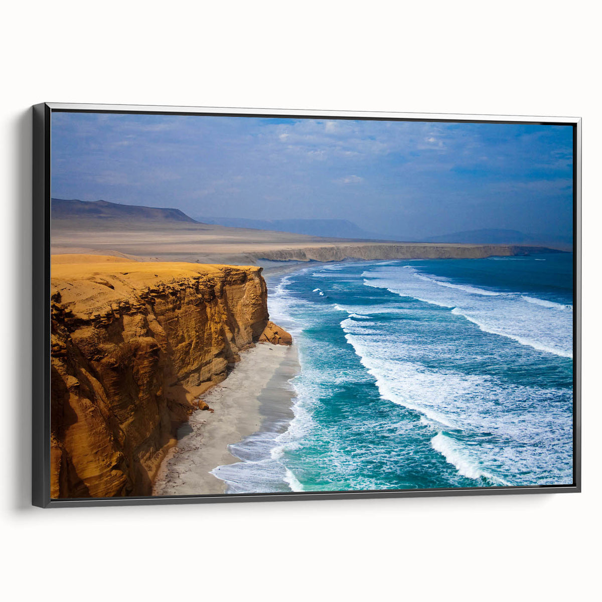 Black and white landscape art painting of Peruvian scenery on framed canvas, suitable for bedroom wall decor.