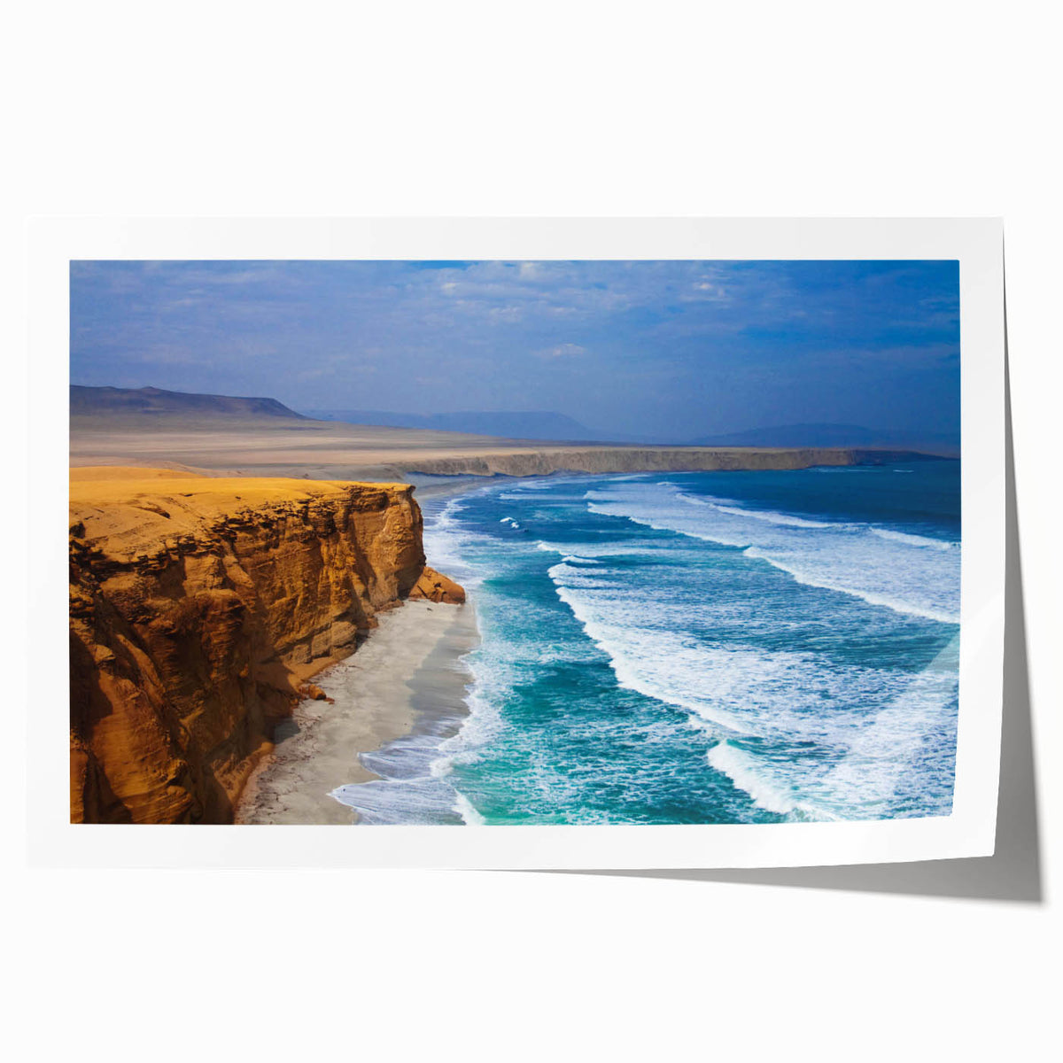 Rolled canvas print of a Peruvian landscape, featuring vibrant green tones and floral elements.