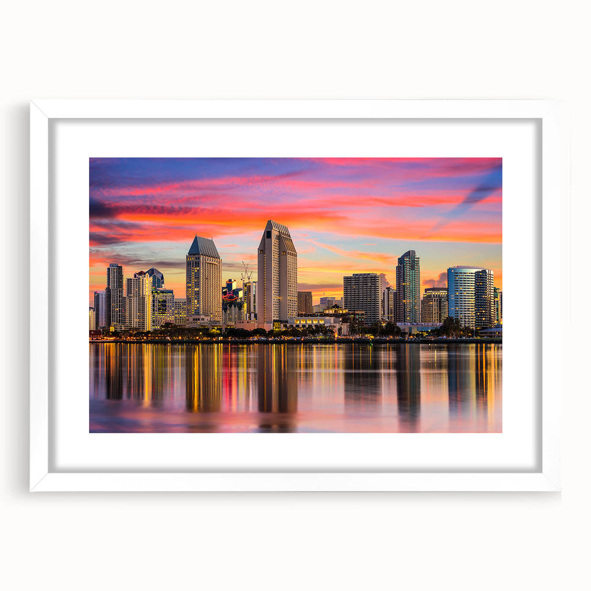 Abstract art print of Coronado, California in muted blue and gray tones on a framed white mat.