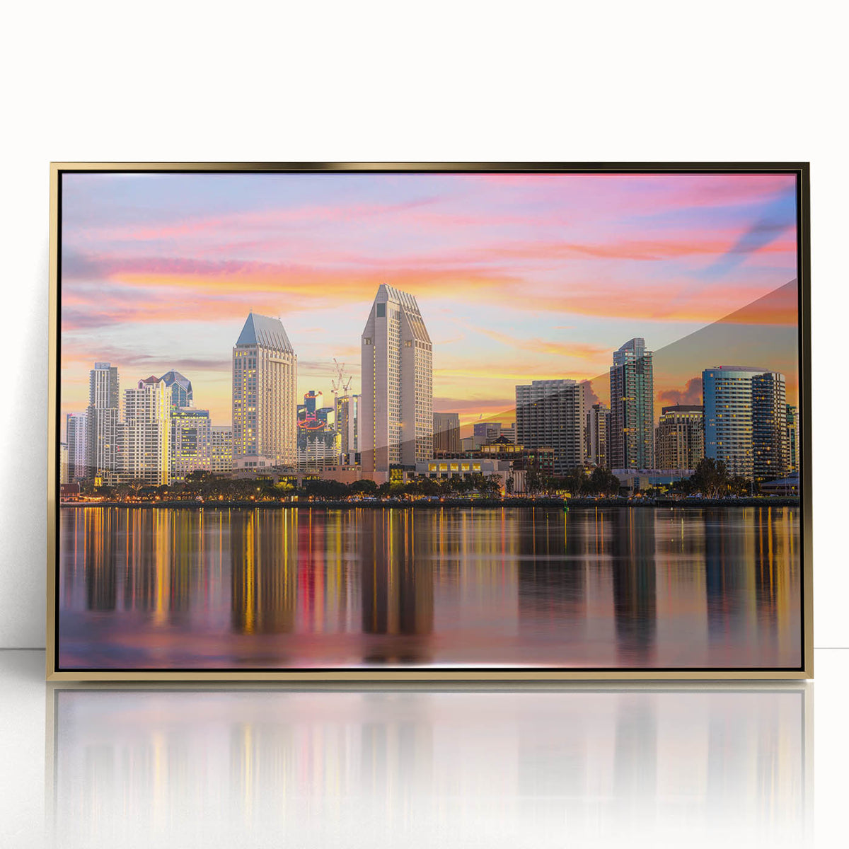 Mid-century modernist style large art print of Coronado, California scenery in gold frame.