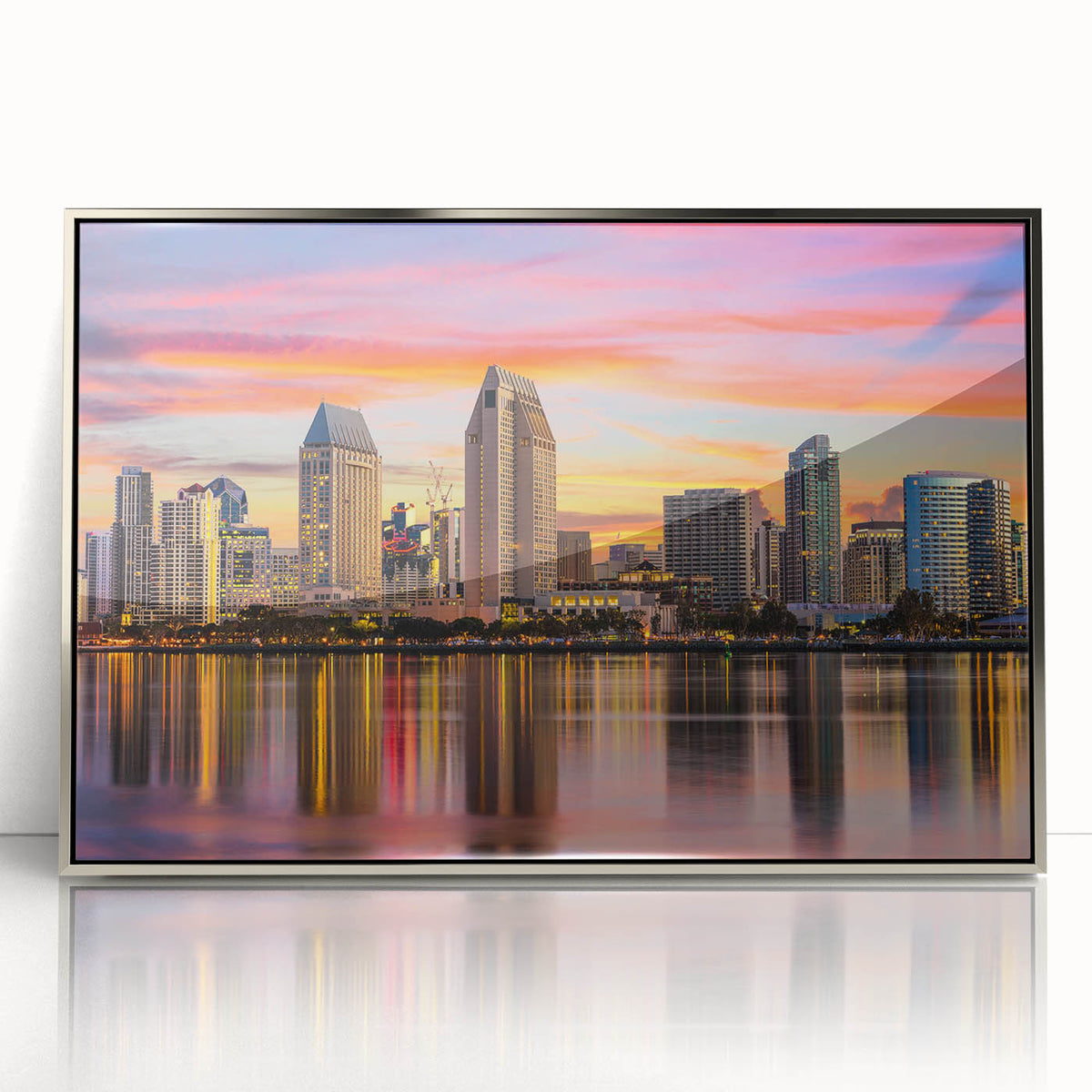 Mid-century modernist art depicting Coronado, California scenery in acrylic with silver frame, ideal for nursery wall art.