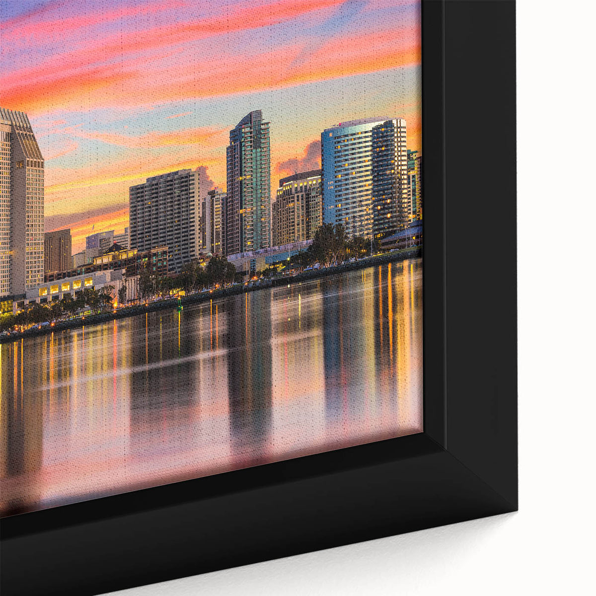 Extra large black wall art featuring a textured, colorful Coronado, California scenery on framed canvas.