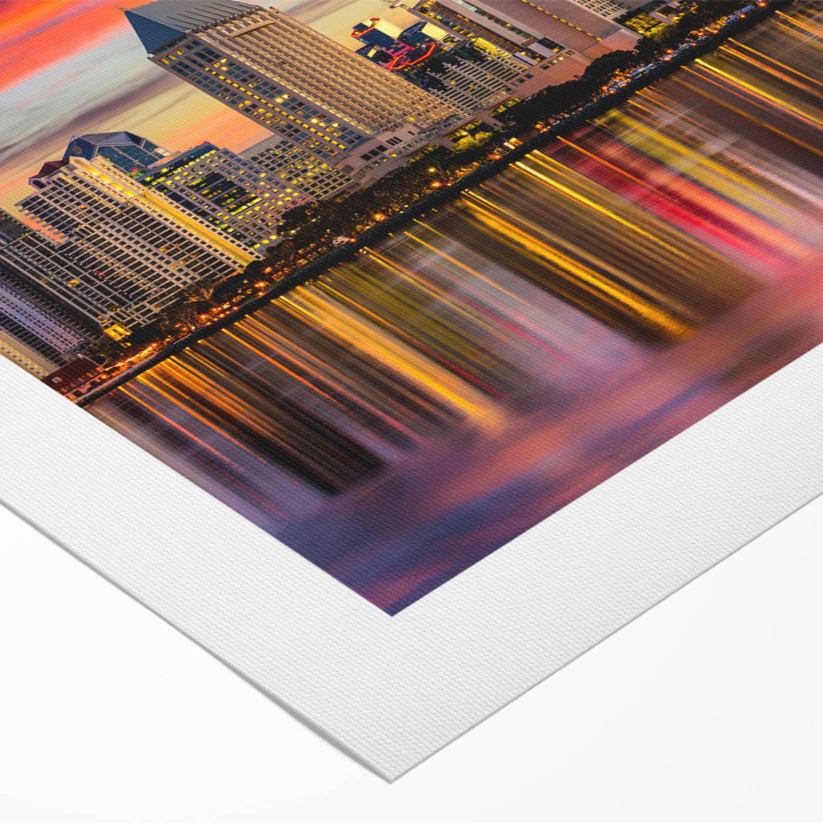 Art deco poster featuring the Coronado, California skyline in muted blue and peach tones on rolled canvas.