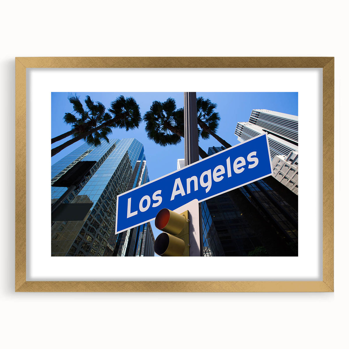 Extra large abstract art print of Los Angeles skyline in gold frame, featuring textured brush strokes in muted earth tones.