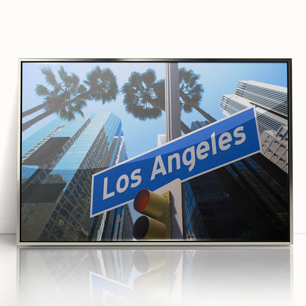Mid-century modernist art of Los Angeles skyline in muted colors on a silver-framed acrylic, ideal for modern art wall decor.