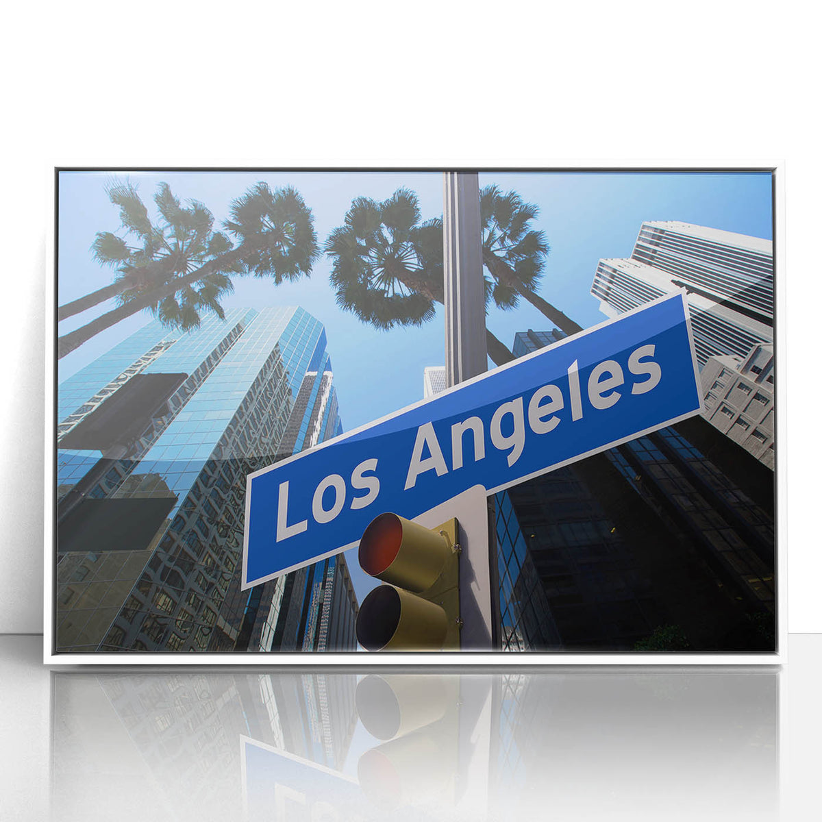 Acrylic print of Los Angeles skyline in art deco style with muted blue tones, ideal for modern art wall decor.