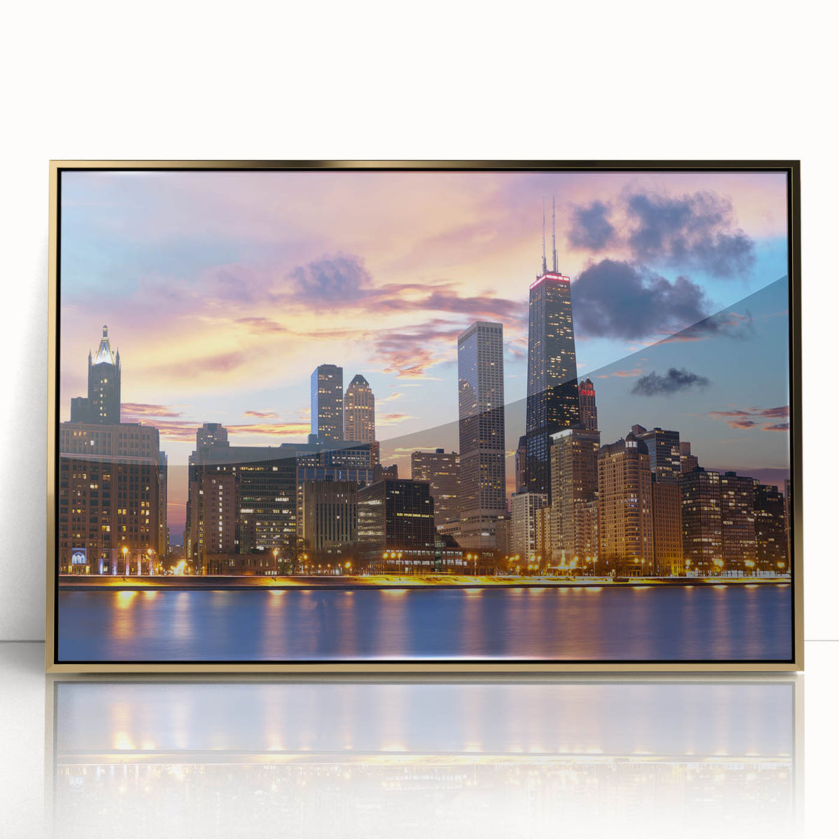 Large art print of Chicago skyline in muted gold and blue tones on framed acrylic, suited for modern nursery wall decor.