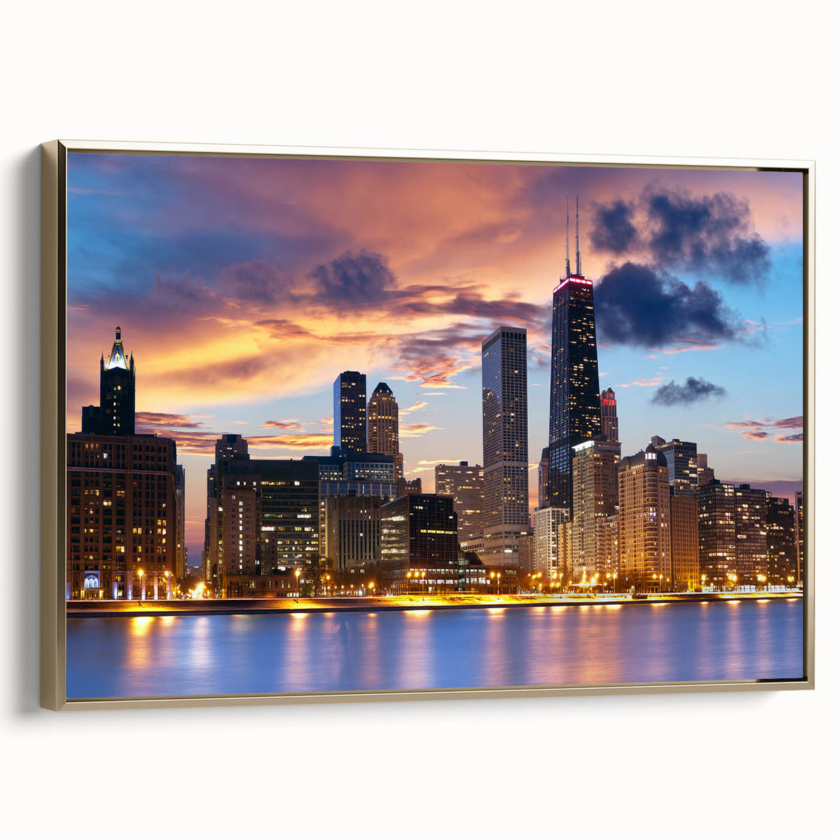 Framed canvas of Chicago skyline in black and gold tones, suitable for bedroom wall art.