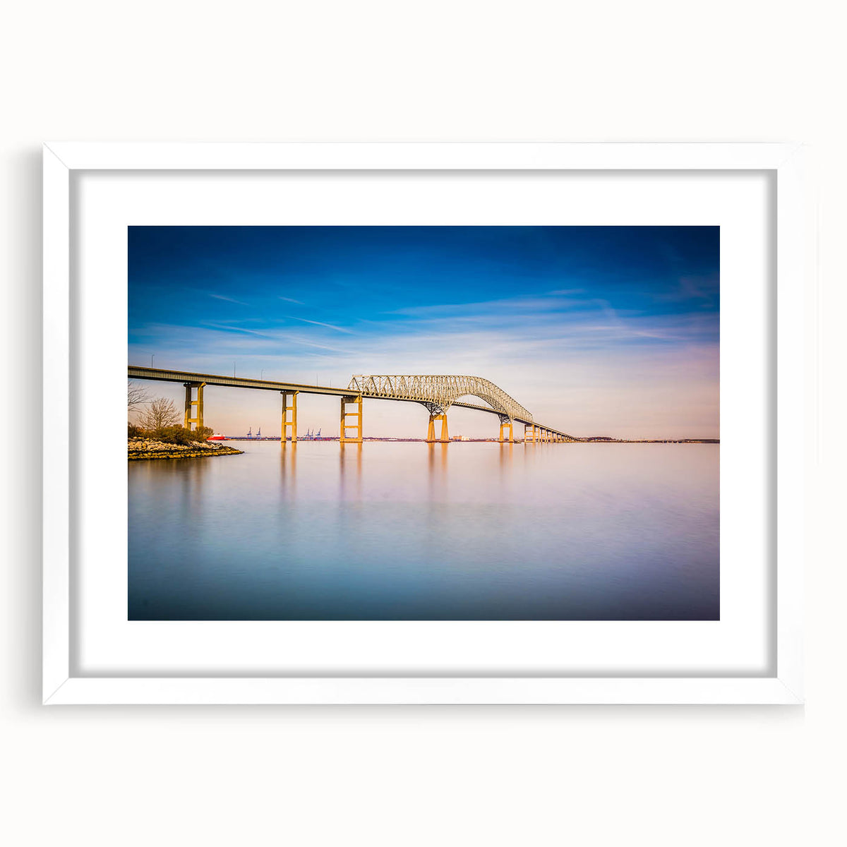 Abstract art print of Baltimore skyline in muted gray and blue tones on a framed white mat, suitable for dining room decor.