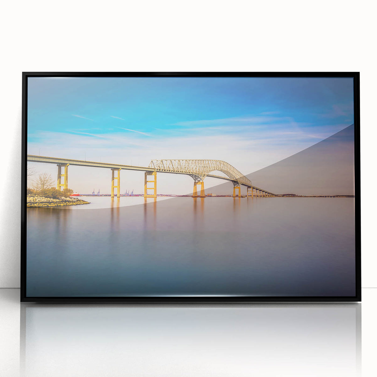 Large abstract wall art of Baltimore skyline in muted gray and blue tones, acrylic print framed in black.