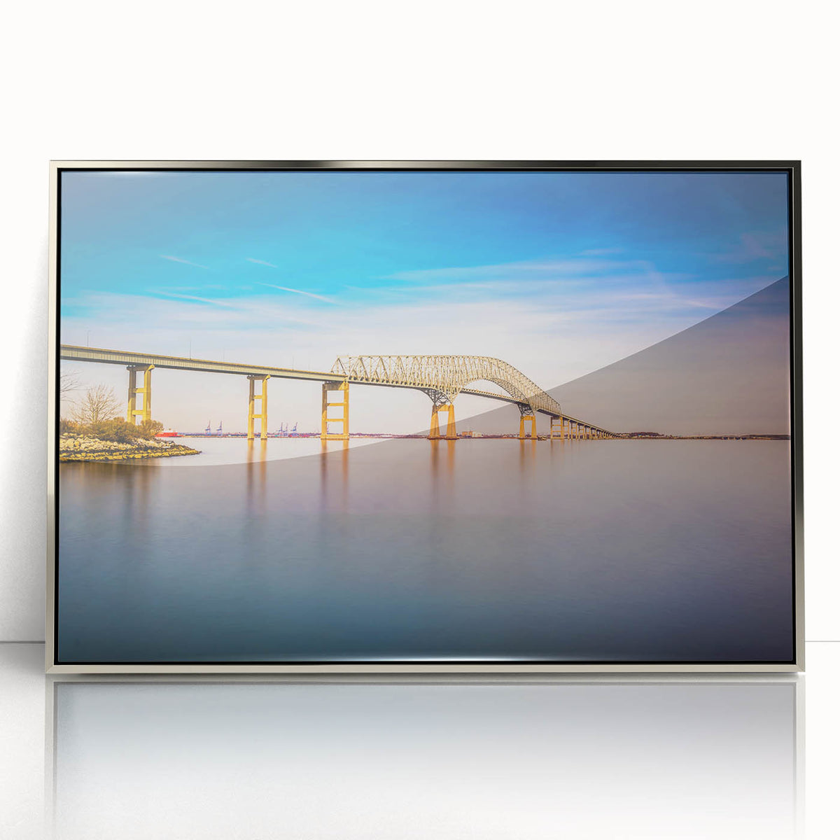 Acrylic print of Baltimore skyline in cool silver tones, framed in modern art style, suitable for nursery wall decor.