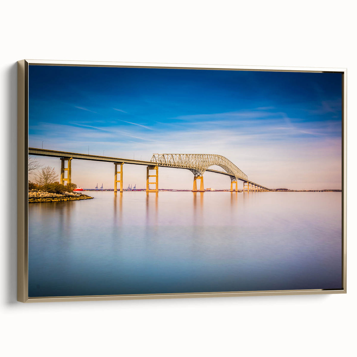 Framed canvas of vintage-style Baltimore landscape in black and gold tones, ideal for bedroom wall art.