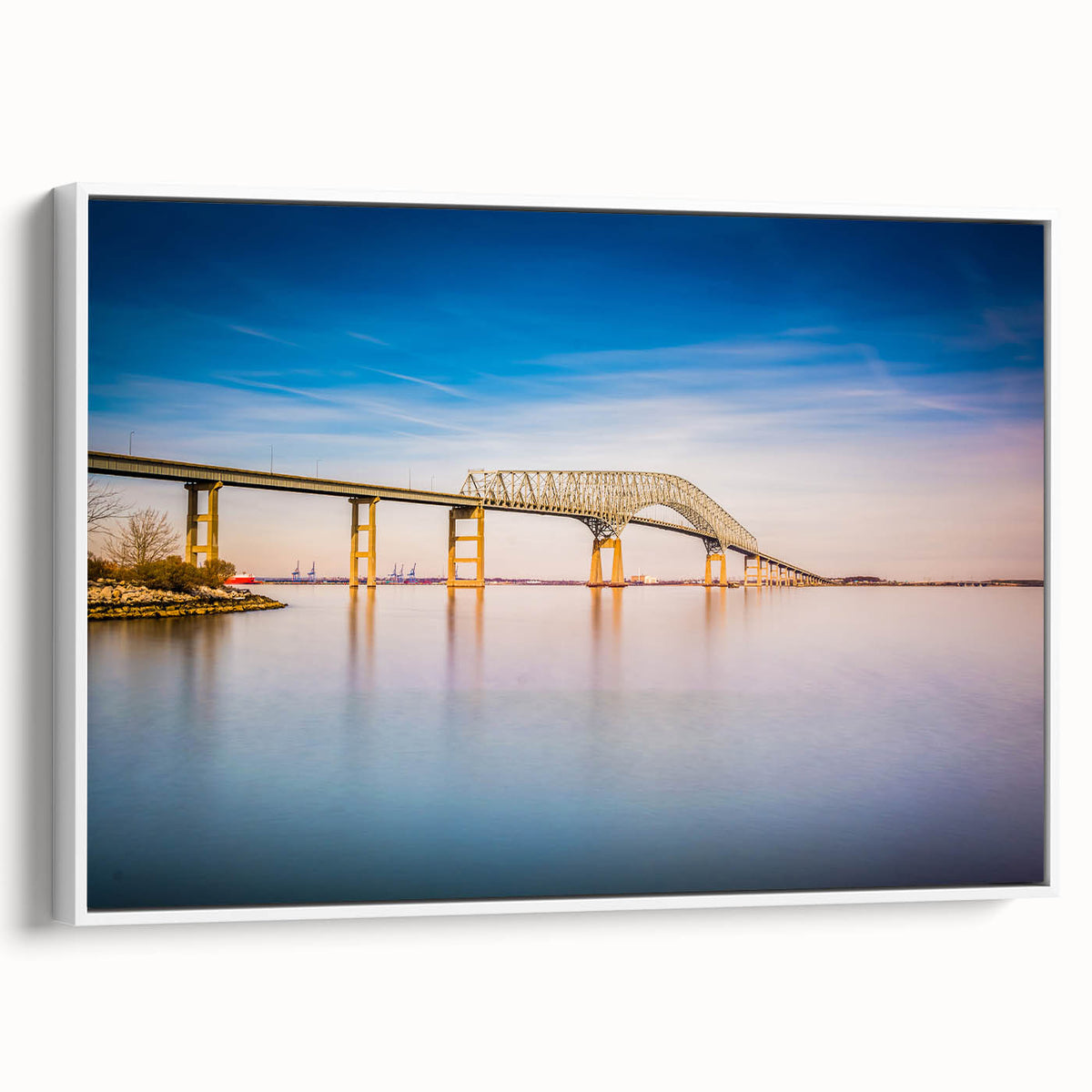 Vintage poster art of Baltimore skyline in colorful hues on a large framed canvas, suitable for living room decor.
