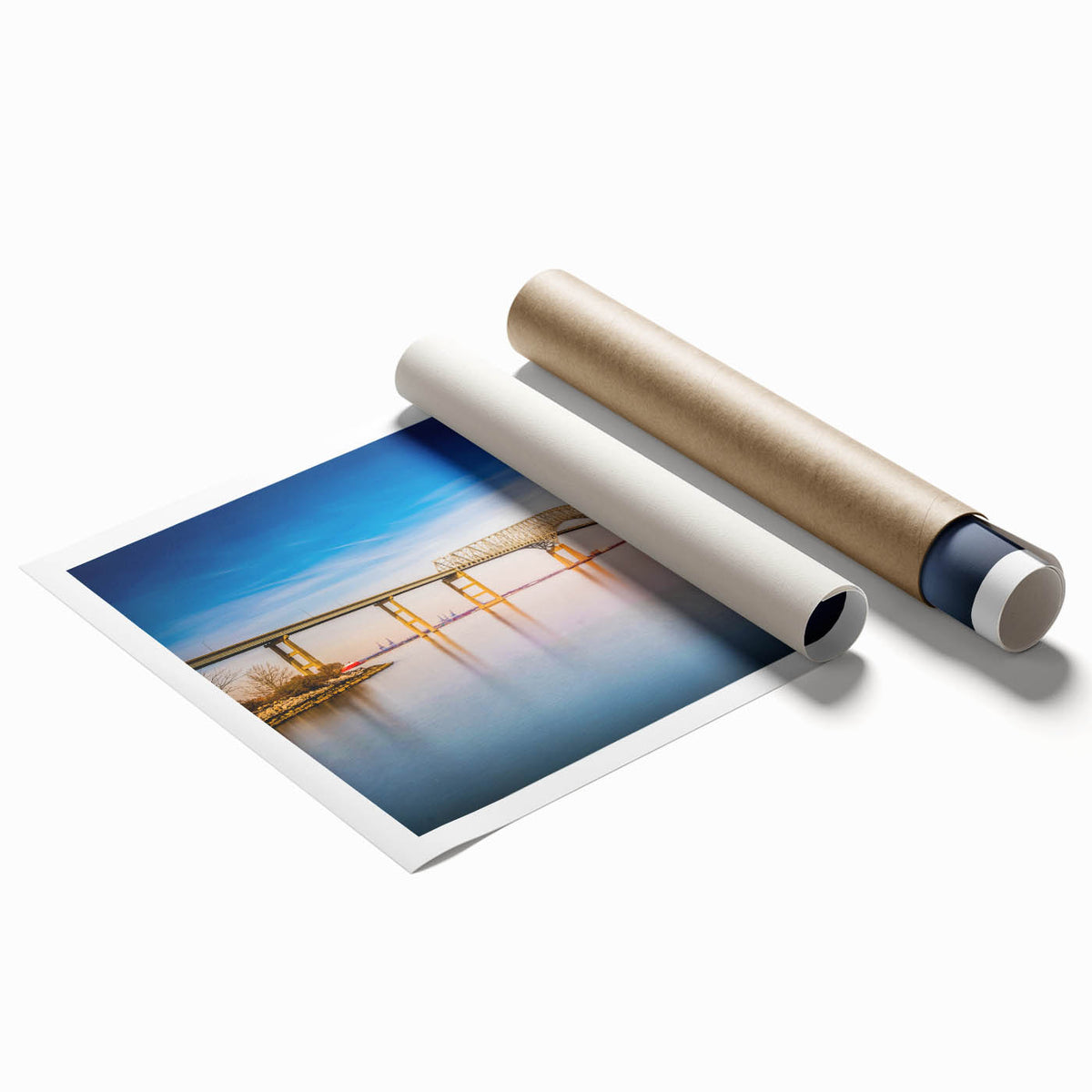 Large rolled print of Baltimore skyline with soft pastel shades, ideal for classy bathroom wall art.