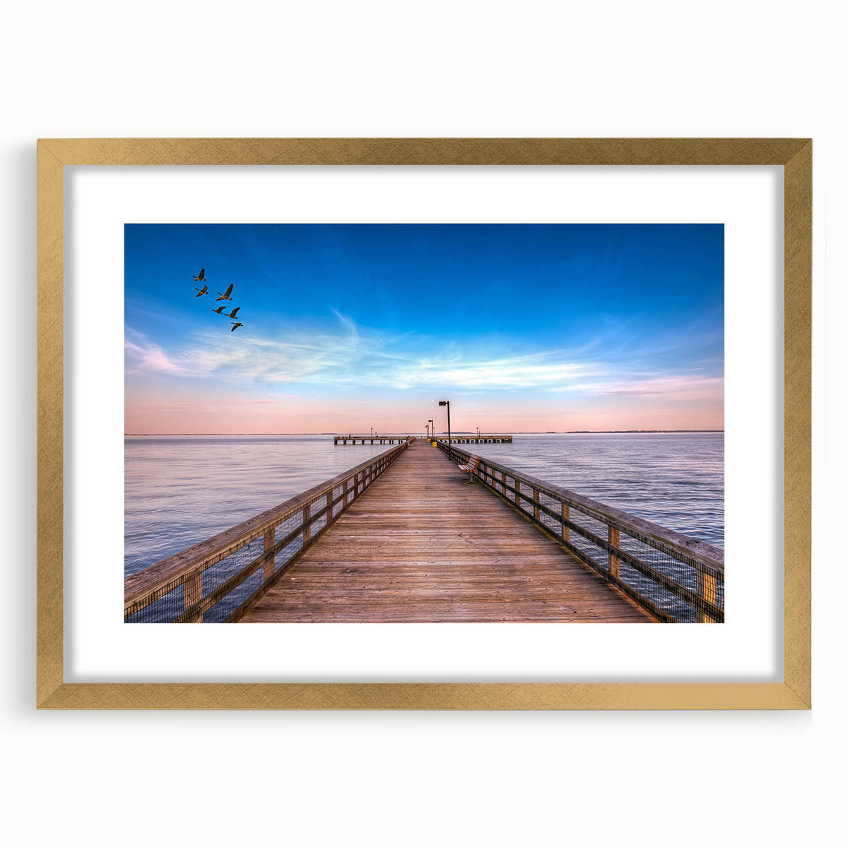 Extra large abstract art print of Chesapeake Bay, featuring textured layers in muted blue and gold tones on a framed canvas.