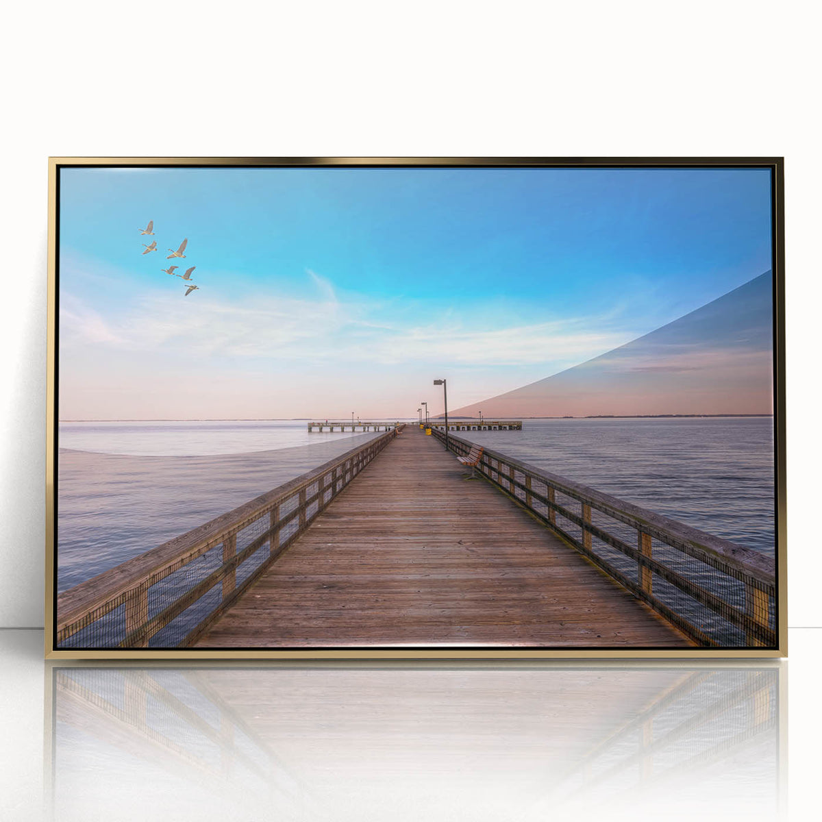 Acrylic print of Chesapeake Bay in muted blue tones, framed in gold, suitable for modern nursery decor.