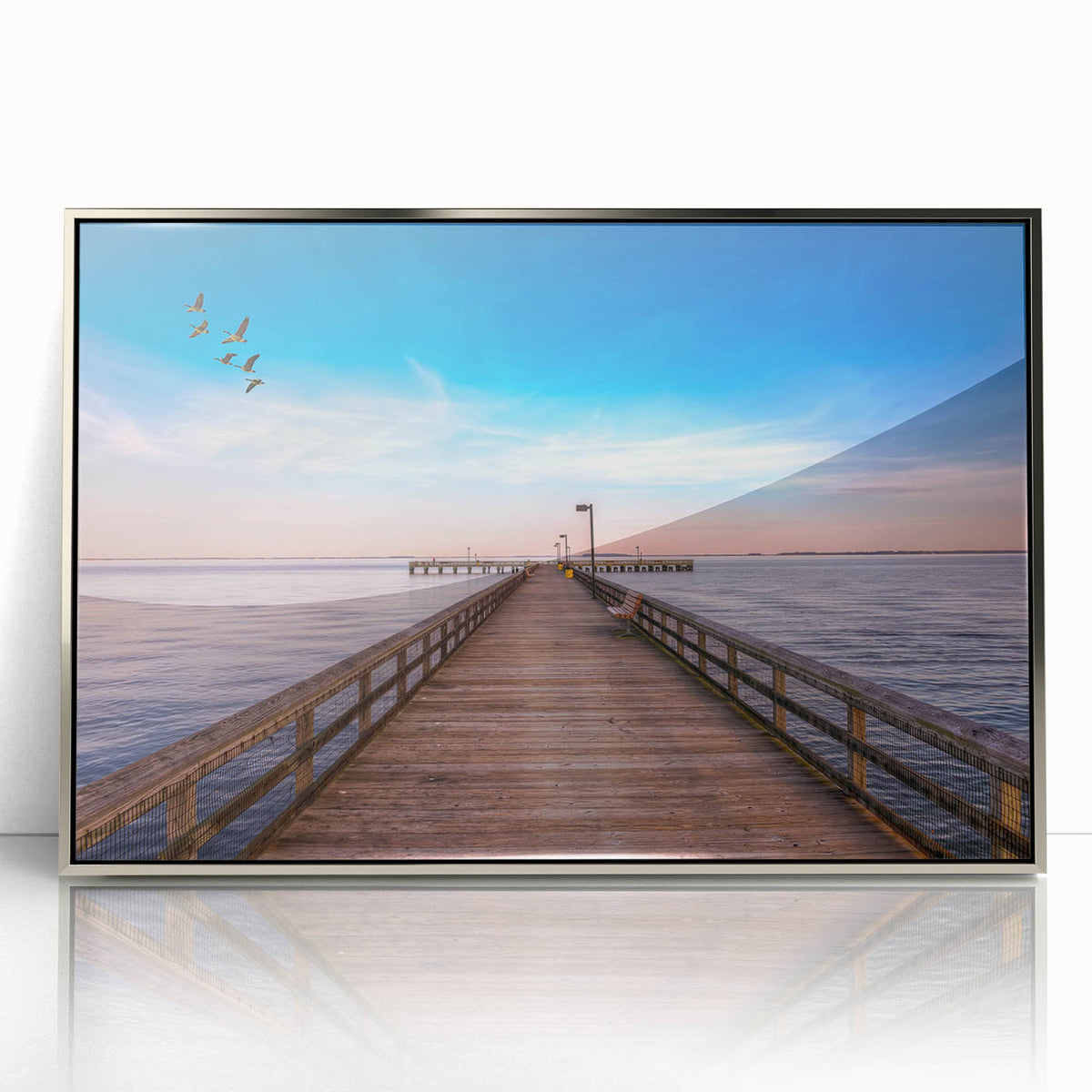 Mid-century modernist art of Chesapeake Bay in acrylic, featuring a silver frame, ideal for nursery wall art.