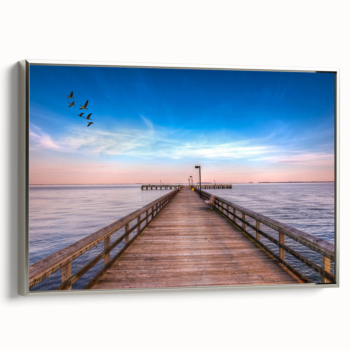 Landscape art painting of Chesapeake Bay, featuring vibrant blues and greens on a framed canvas.