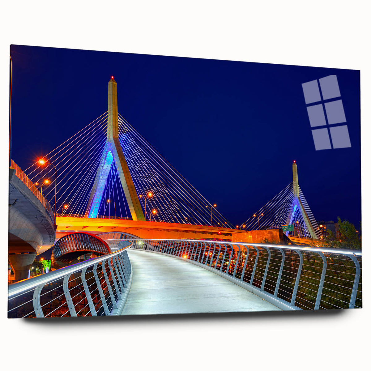 Acrylic print of a large abstract depiction of the Boston skyline in muted blue and gray tones.