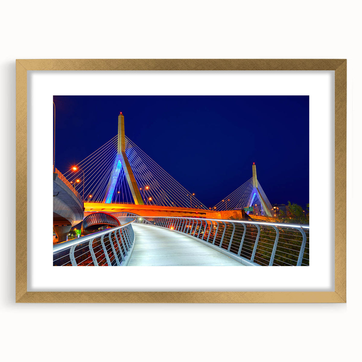 Extra large abstract art print of Boston skyline in textured gold frame, ideal for living room decor.