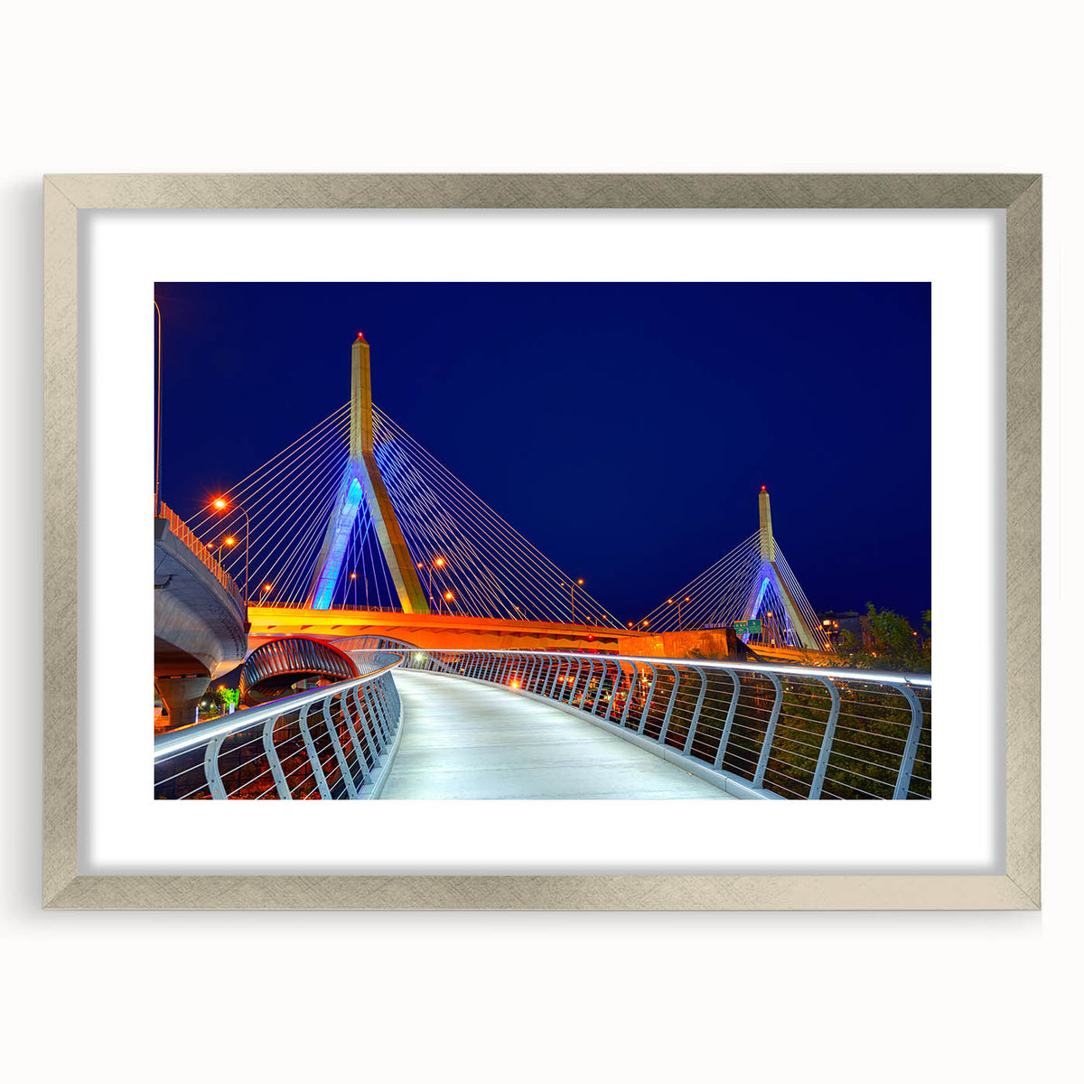 Textured art depicting abstract Boston skyline in muted blue and gray on a framed silver mat, suitable for bedroom decor.
