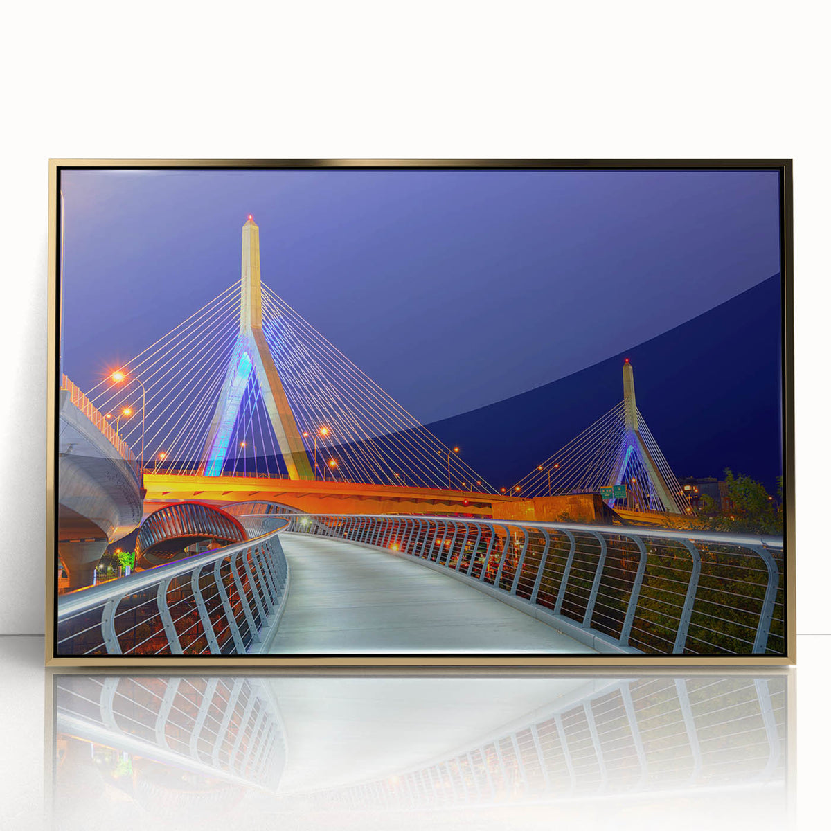 Acrylic print of Boston skyline in gold tones, framed, mid-century modernist style, suitable for modern art wall decor.