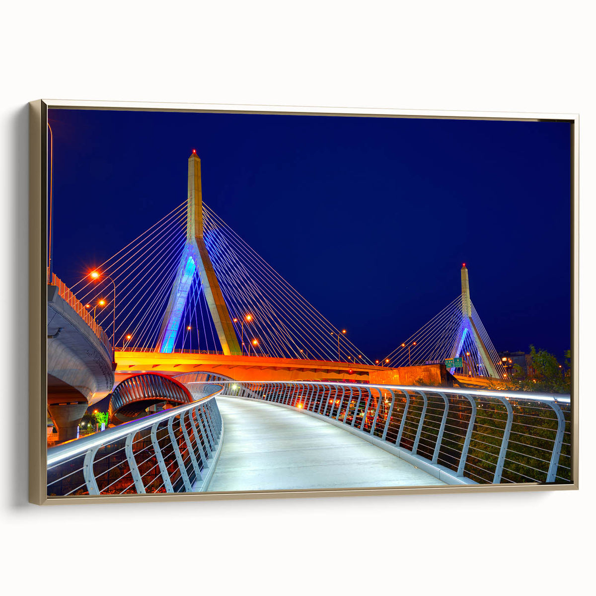 Framed canvas of a vintage-style Boston landscape painting in black and gold tones, ideal for bedroom wall art.