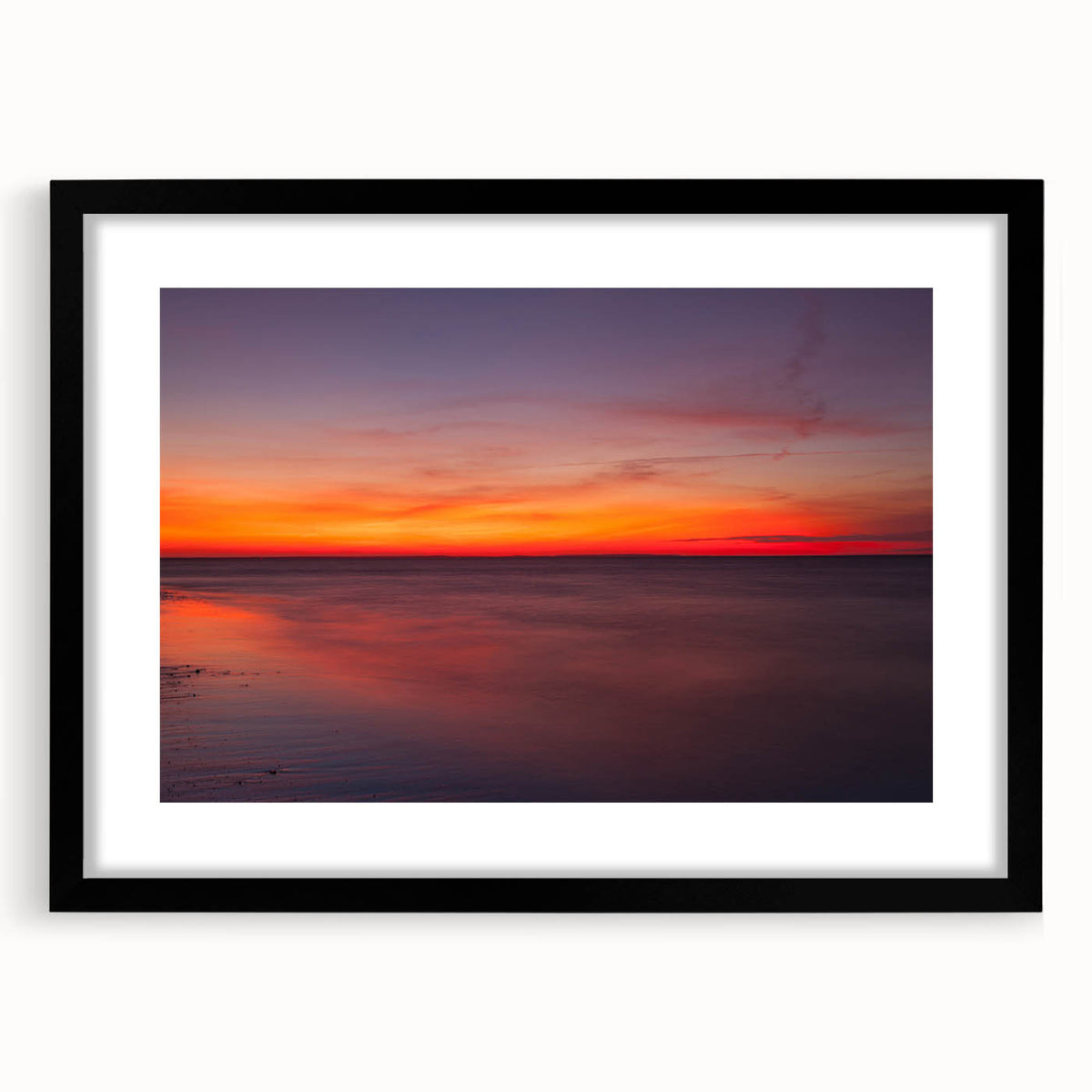 Extra large colorful abstract art print of a textured Massachusetts Cape scenery in a black frame.