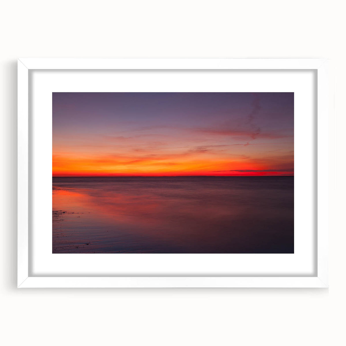 Abstract art print of Massachusetts Cape landscape in muted blue and green tones, framed in white.