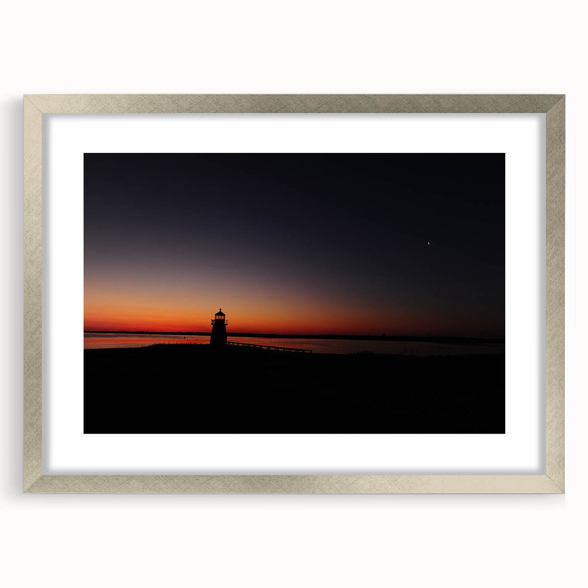 Textured abstract art print of a Massachusetts Nantucket scenery in muted blue and gray, framed in silver.