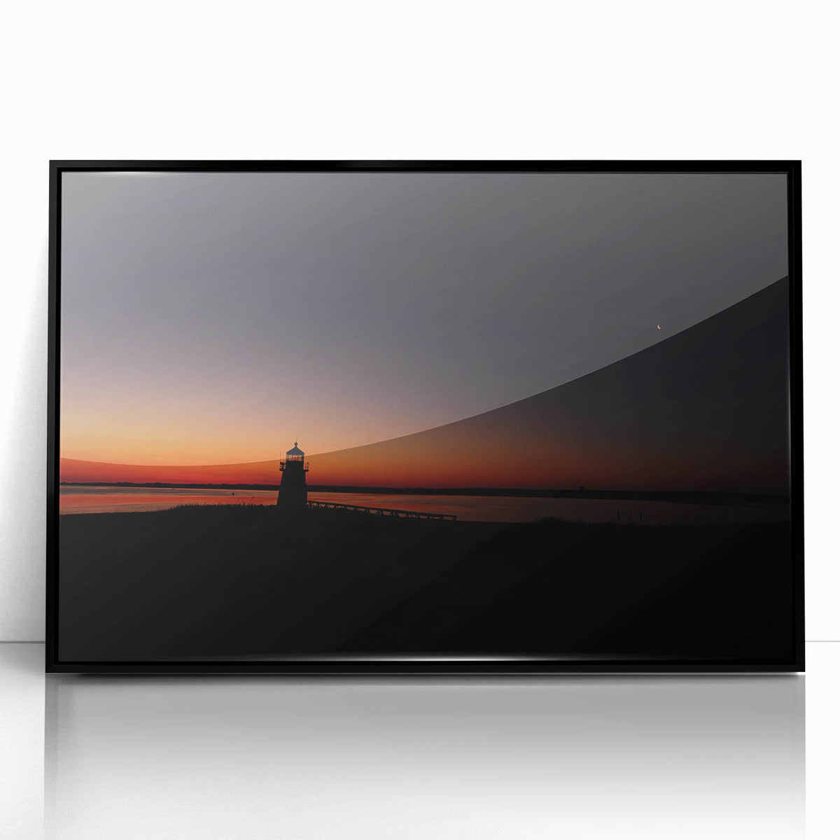 Large abstract wall art depicting a serene Nantucket landscape in muted blues and greens, framed in black acrylic.