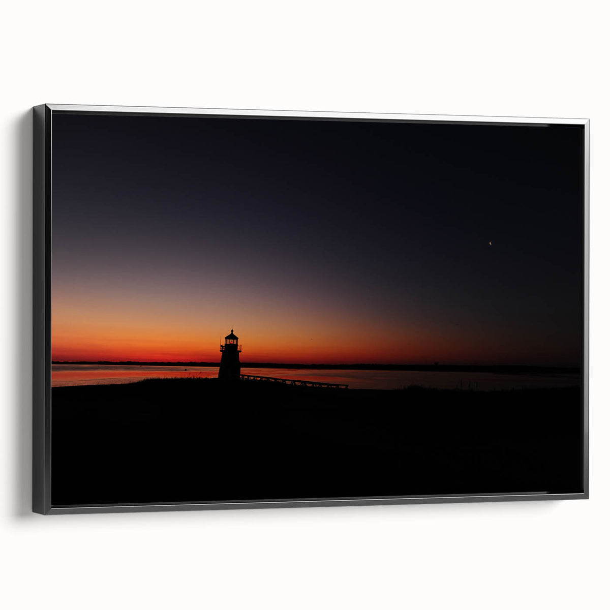 Black and white framed canvas of Nantucket landscape, ideal for bedroom wall art.