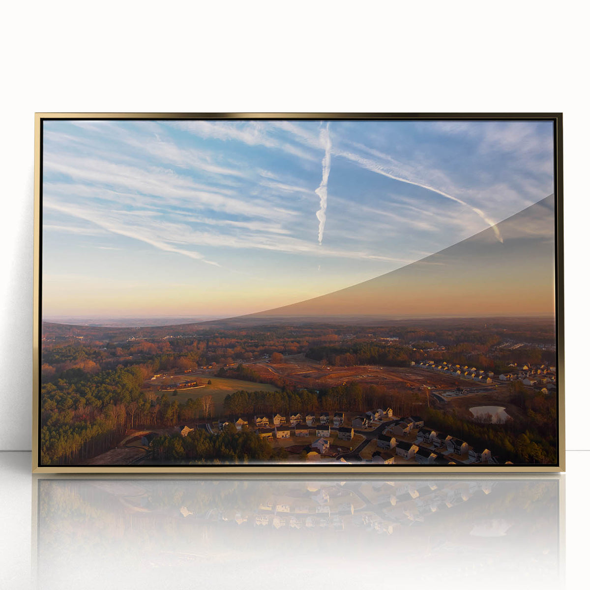 Large art print of Durham, USA, in mid-century modernist style, featuring muted earth tones on framed acrylic.