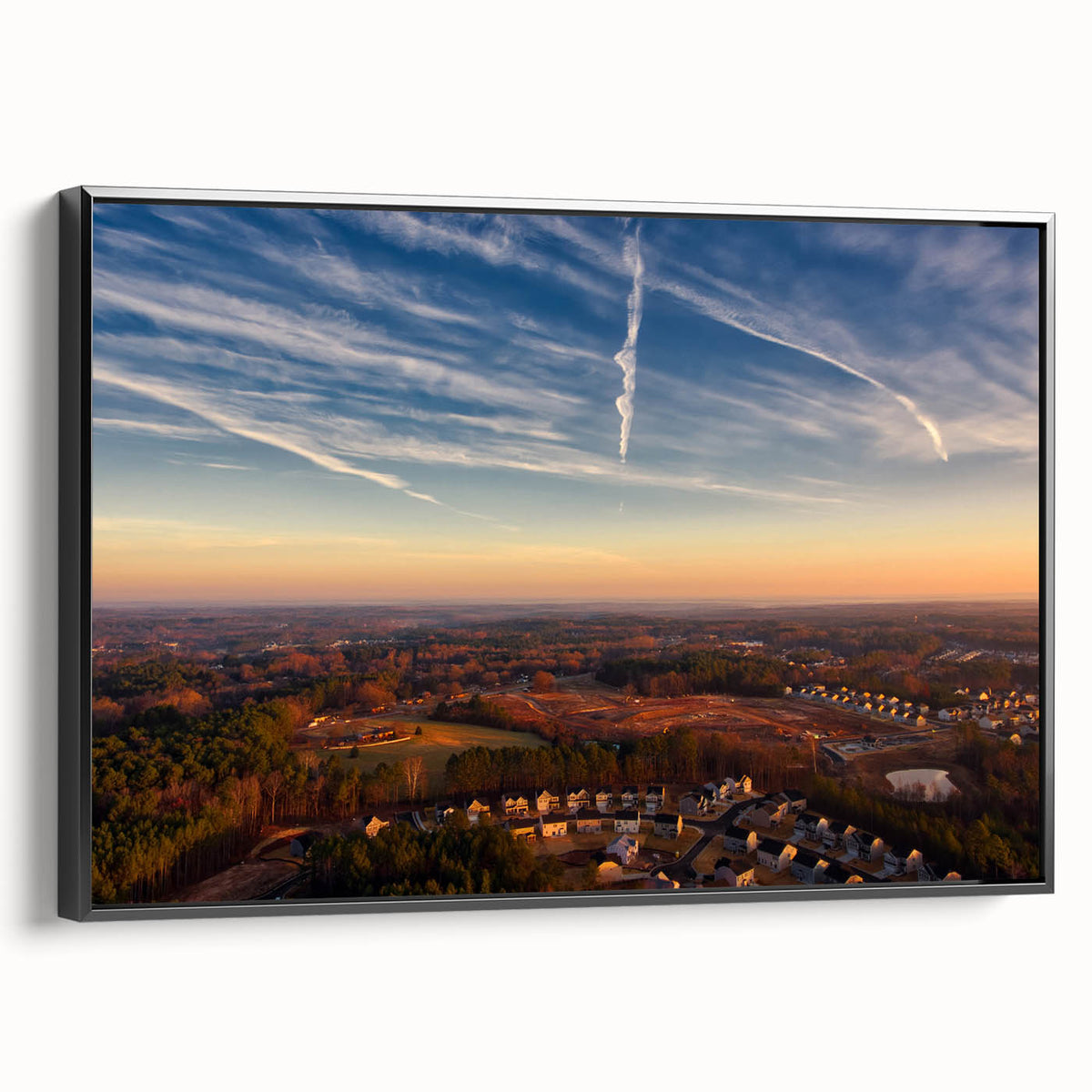 Black and white landscape art painting of Durham, North Carolina on framed canvas, ideal for bedroom wall decor.