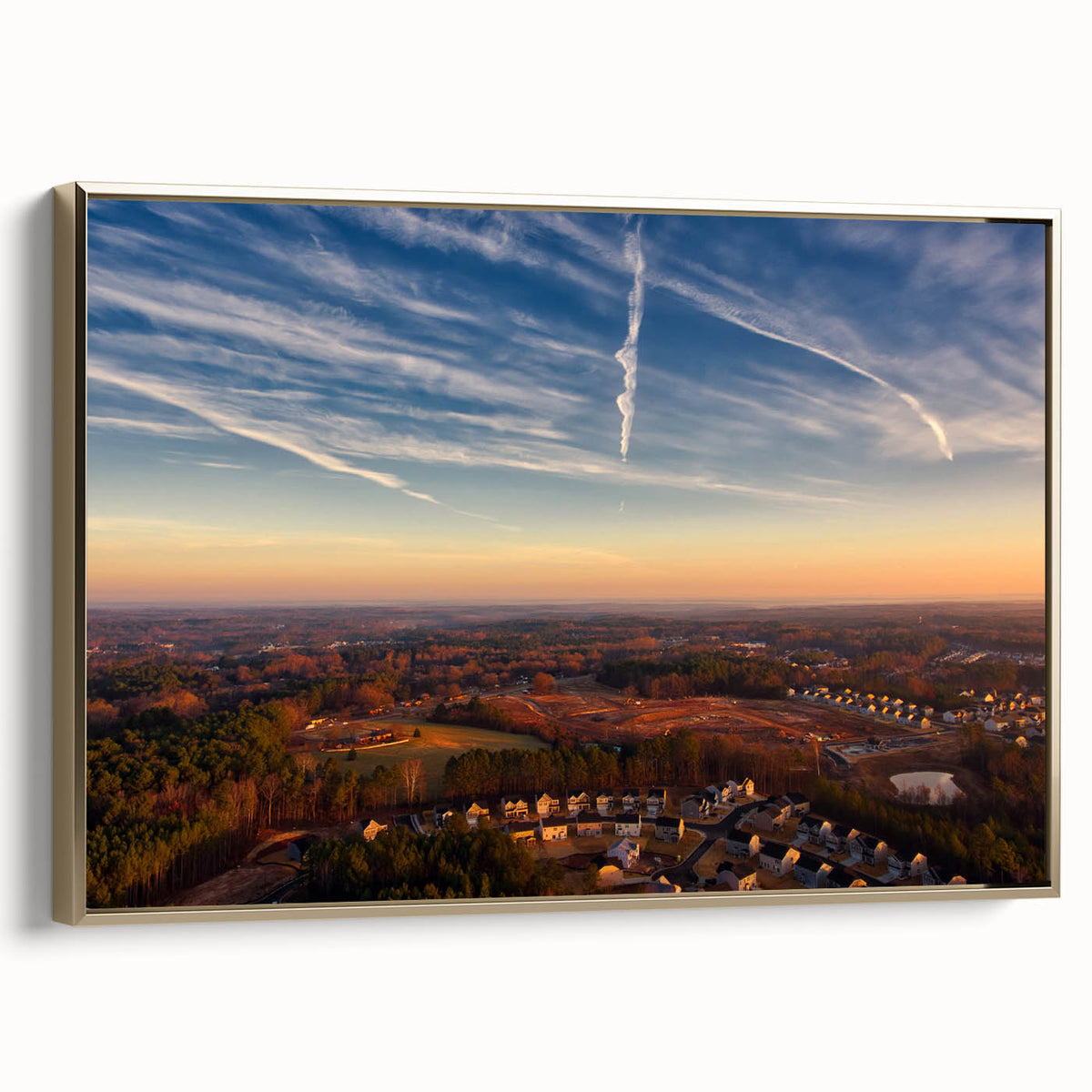 Framed canvas featuring a vintage-style landscape painting of Durham, North Carolina in muted gold and black tones.
