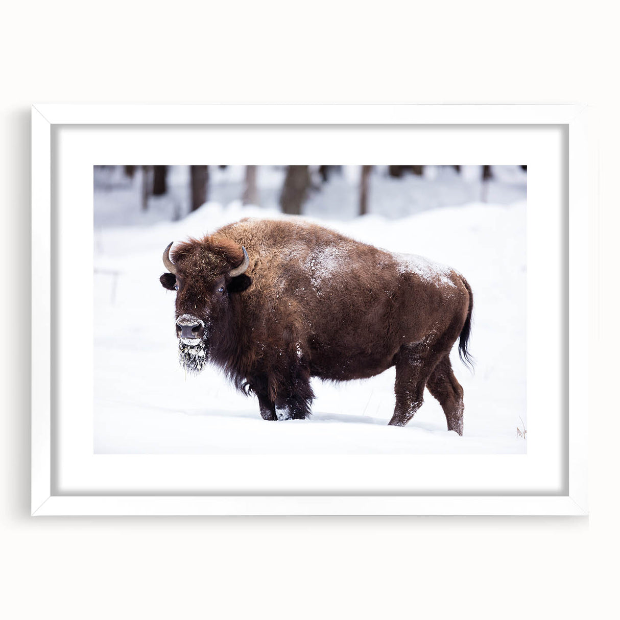 Abstract art print of North Dakota scenery in muted earth tones on a framed white mat, ideal for dining room decor.