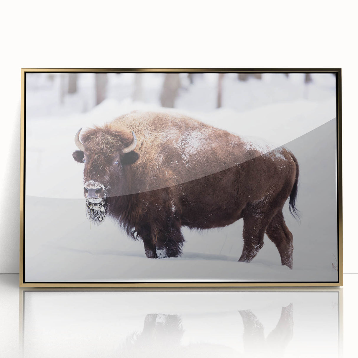 Large art print of North Dakota scenery in mid-century modernist style, framed in gold acrylic.