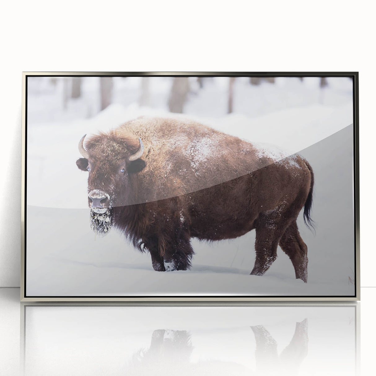 Mid-century modernist art depicting North Dakota scenery in muted earth tones on a silver-framed acrylic print.