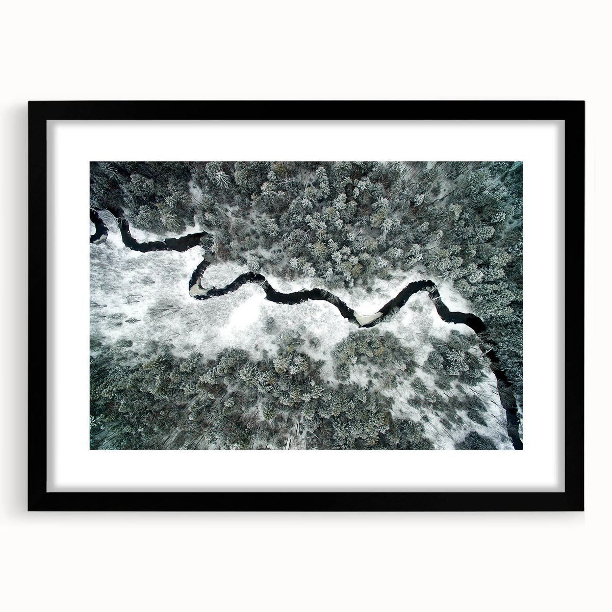 Colorful abstract art print of Adirondack scenery in vibrant hues on a large textured canvas, framed in black.