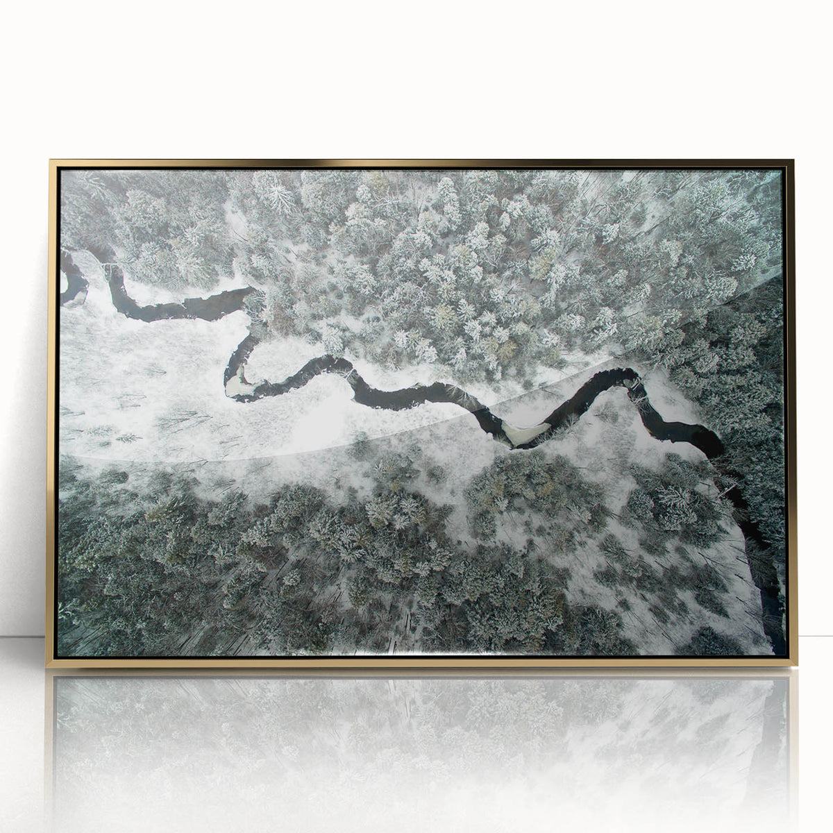 Mid-century modernist style large art print of Adirondack scenery in gold framed acrylic, ideal for modern art wall decor.