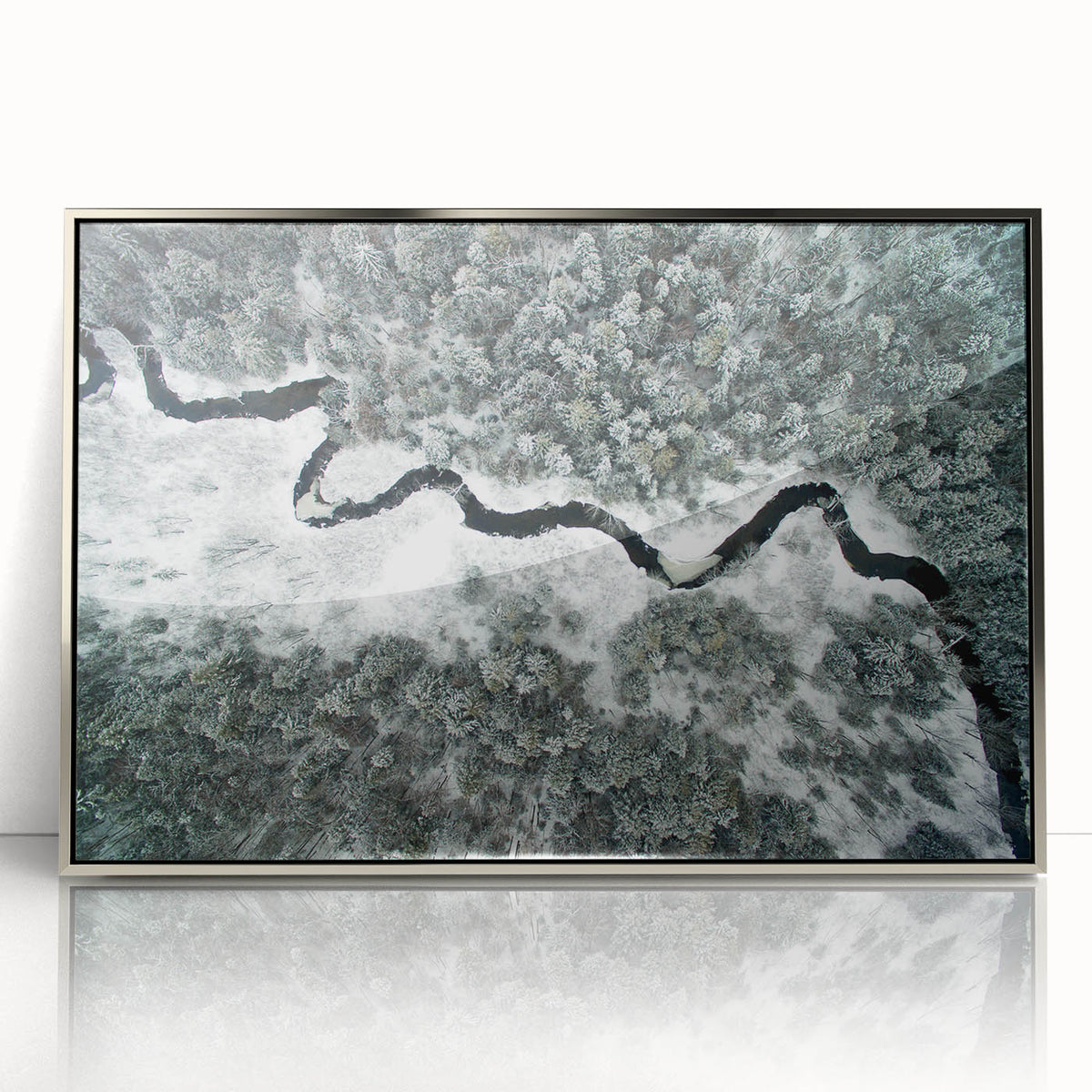 Mid-century modernist art of Adirondacks scenery in silver framed acrylic, featuring muted earth tones.