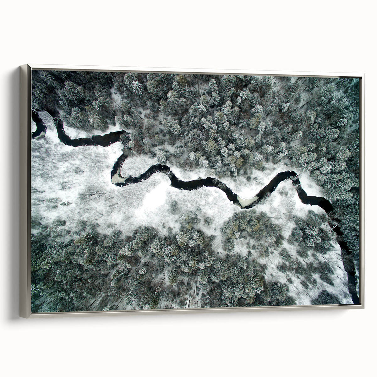 Framed canvas of a vintage-style landscape painting depicting the Adirondacks, with vibrant green and blue tones.