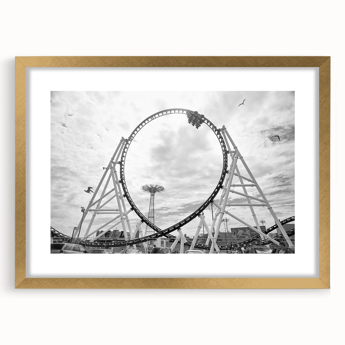 Extra large abstract art print of Coney Island, featuring textured details in muted tones, framed in gold.
